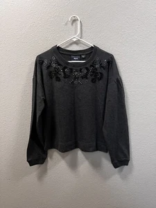 ANTHROPOLOGIE MAEVE TALLIE FLORAL BEADED PULLOVER SWEATSHIRT GRAY S - Picture 1 of 8
