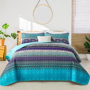 Boho Queen Quilt Set, Blue Purple Bohemian Queen Quilt Bedding Set, Lightweight - Picture 1 of 7