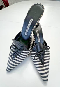 Rare Vtg Manolo Blahnik Black/White striped w Leather Lace Up kitten heels 38.5 - Picture 1 of 11