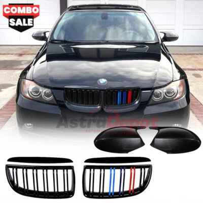 Black M-Color Grill Grille + Carbon Fiber Mirror Cover Cap For BMW E90 E91 05-08 - Image 1 of 4