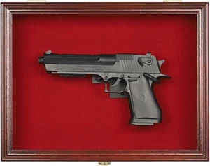 Gun Display Case Mahogany Wood 15 x 10 Handgun Pistol Revolver Lock Shadow Box - Picture 1 of 9