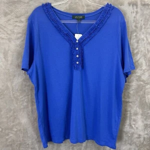 T-shirt donna Lauren Ralph Lauren scollo a V Henley blu con volant più 3X nuova con etichetta - Foto 1 di 10