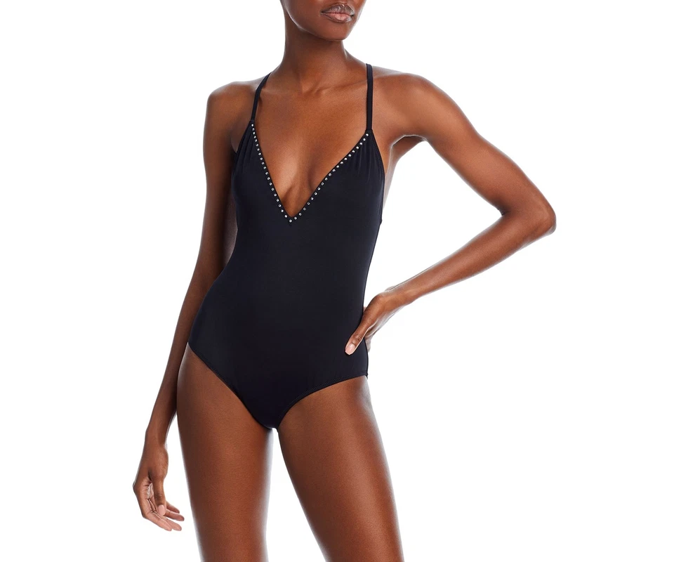 Aqua Womens Rhinestone Trim One Piece Swimsuit Black size Small 303922