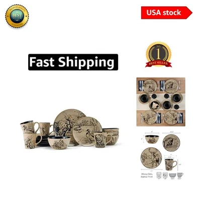 Elegante Juego de Vajilla de 16 Piezas con Estampado de Animales para 4 - Gres, Apto para Lavavajillas Foto 1 de 4