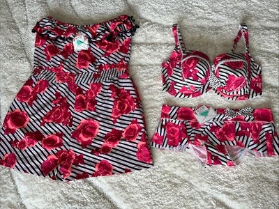 Ladies Rose Stripe Floozie Playsuit & Matching Bikini Size 10 & 36DD Pink  Black - Image 1 of 4