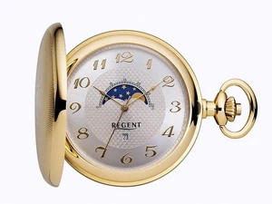 Regent P-731 Savonnette Mondphasen-Taschenuhr mit Kette Schweizer Werk - Picture 1 of 6