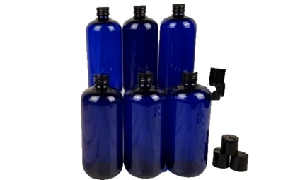 NEW 6 Cobalt Blue 12 oz Plastic Bottles w/Lids 7" Tall 9.5" Around, Lotion Soap - Image 1 of 3