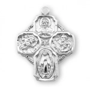 Large Men's Sterling Silver Four 4-Way Pendant Medal Christian Necklace - Picture 1 of 5