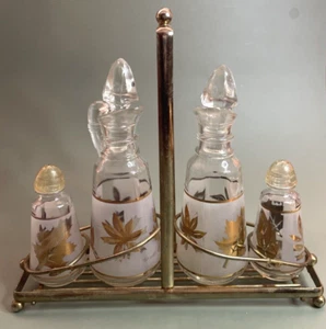 Juego de sal y pimienta vintage Libbey Gold Leaf Cruet aceite vinagre con tapones - Imagen 1 de 11