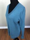 Jennie Liu Size L 44 Soft 100% Cashmere V Neck Sweater Cuff Sleeve Teal Blue EUC