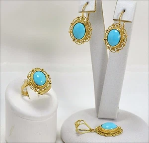 Parure Or 18 KT Avec Cabochon En Turquoise Naturel Anneau Boucles Ogfr 064 - Picture 1 of 3