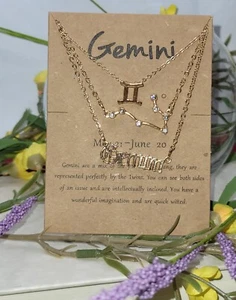 Gemini Zodiac Sign Constellation Layered Gold Plated 3 Necklaces Set - Picture 1 of 6