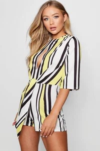 BOOHOO Yellow Margen Stripe Knot Front Playsuit - Size UK10 , BNWT - Picture 1 of 4