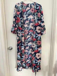 COTTON ON BODY Womens Kimono Sz S/M Navy Floral Dressing Gown Silky Robe - Picture 1 of 11