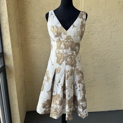 Aidan Mattox Floral Jacquard Dress Sz 6 Ivory Gold Cocktail V-neck Above Knee - Image 1 of 4