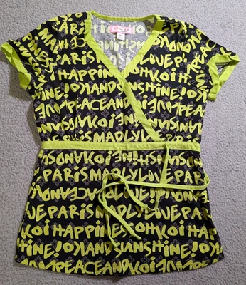 Koi Women`s Black & Green Short Sleeve V Neck Medical Scrub Top / Size XS - Image 1 of 4