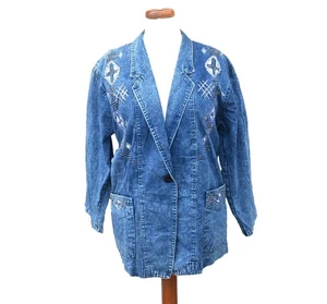 Vintage 80s Denim Blazer Jacket Blue Embroidered Acid Wash Retro Indie Boho 16 - Picture 1 of 4
