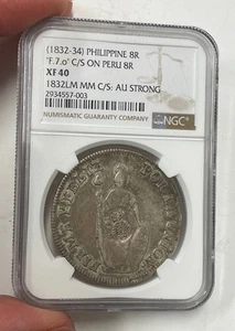 Philippines - 1832-34 Silver 8 Reales C/S on Peru 8 Reales (NGC XF 40) - Picture 1 of 6