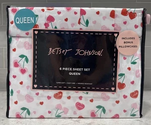 6 Pc BETSEY JOHNSON Cherry Hearts QUEEN Sheet Set Heart Super Soft Sheets NEW - Picture 1 of 5