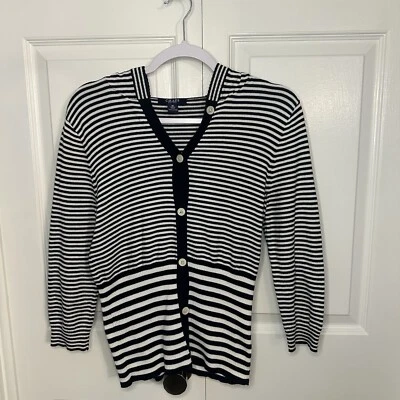 Chaps 女式 M 码毛衣海军蓝开衫条纹棉质独特 3/4 袖 — 第 1/4 张图片