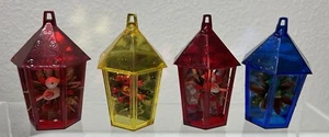 JewelBrite Plastic Diorama Christmas Ornaments Birdhouse Shape 3.25” Vintage 4PC - Picture 1 of 12