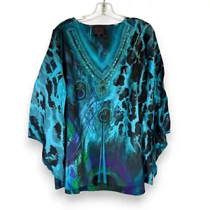 Blue Peacock Top Blouse 1X Beaded Sequin Artsy V Neck Pullover - Picture 1 of 9