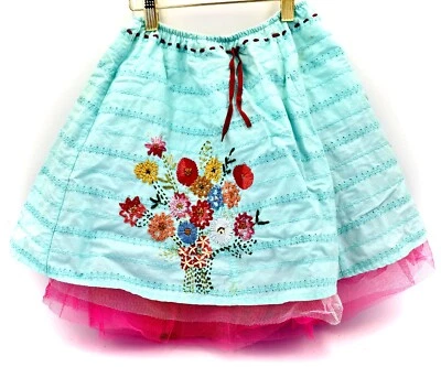 Embroidered Floral Bouquet Girl's Skirt,Blue,Multicolor Flowers,Elastic Waist,S7 - Image 1 of 2