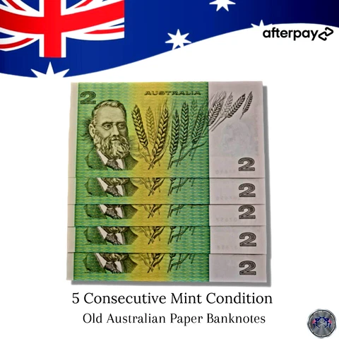 Old Australian $2-Dollar Banknotes Uncirculated/Consecutive Notes x 5 Rare Unc🪃 Cover