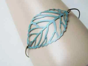 Bracciale Foglia Bracciale Turchese Ottone Antico Argento Boho Natura Impilabile Spiaggia - Foto 1 di 5