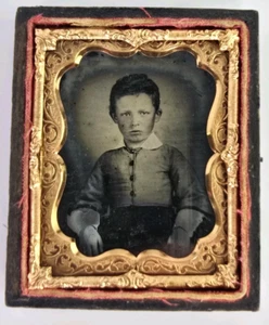 Antique 1/9th Plate Ambrotype Half Case Young Victorian Boy Fashion Great Look - Picture 1 of 3