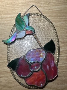 Stain Glass Suncatcher Hummingbird, Pink Flower Handcrafted 3D Hanging Stained - Picture 1 of 9
