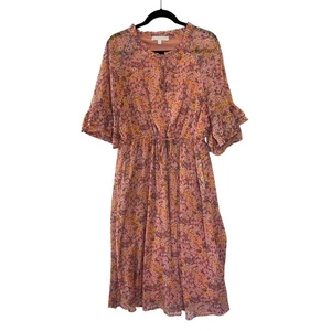 Adyson Parker Floral Midi Dress Women's XL Ruffle Bell Sleeve V-Neck Flowy Pink - Picture 1 of 12