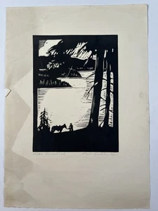 Vtg Lewis Carleton Ryan “Lake Arrowhead” Cowboy & Horse Linocut Print 12.5x9” - Picture 1 of 15