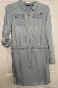 GUESS Girls Size 14 Denim Chambray Light Blue Dress Zipper Metal Snap Pockets - Picture 1 of 10