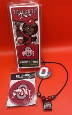 The Ohio State University Buckeyes Fan Bundle Car Coaster, Necklace, Trivia, Pin - Image 1 of 4