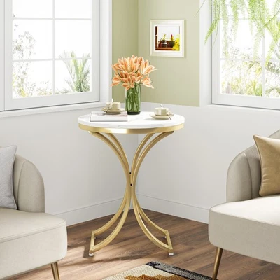 Mesa auxiliar de sofá redonda pequeña, mesa auxiliar moderna de mármol sintético blanco y dorado (1 pieza) Foto 1 de 4
