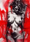 Erotic Female Nude ORIGINAL PAINTING Charcoal Modern Art Femme Vin Dantes Red A3