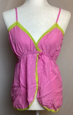 🍒 Victoria's Secret ROSA 100% Seda Babydoll Camisola Pijama Rosa y Verde Lima Foto 1 de 4