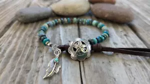 CHRYSOCOLLA AND STERLING SILVER BRACELET, FINE SILVER, TURQUOISE FEATHER CHARM - Picture 1 of 4