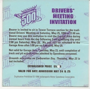 1996 Indy 500 complimentary pass to meeting for drivers - Picture 1 of 2