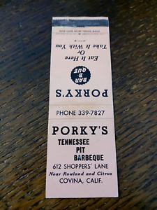 Vintage Matchbook: Porky's Tennessee Pit Barbecue, Covina, CA