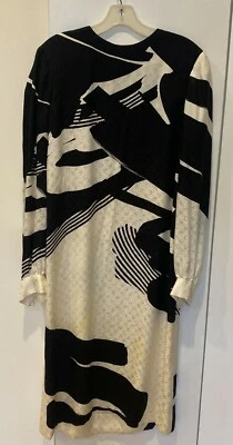 Vestido De Colección 10-12 Pauline Trigere/I Magnin Negro+Blanco Seda Midi Largo Sl Forrado EE. UU. Foto 1 de 4