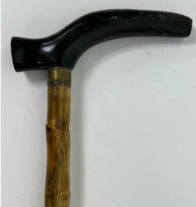 VINTAGE ANTIQUE RARE BAMBOO WOODEN HORN HANDLE WALKING STICK CANE 35”L FOLK ART - Picture 1 of 6