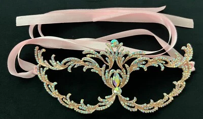Rose Gold w/Rhinestones & Pink Ties~Venetian Masquerade Mask~Stunning! - Image 1 of 4
