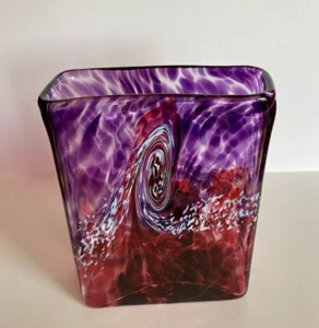 Hand Blown Art Glass Small 4.75" Rectangle Vase Splatter Abstract Ocean Wave - Picture 1 of 20
