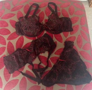 M&S Autograph bra, suspender belt and knickers set black and red 36C - Picture 1 of 17