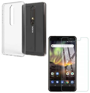 For NOKIA 3.1 PLUS TEMPERED GLASS SCREEN PROTECTOR + CLEAR SILICONE TPU GEL CASE - Picture 1 of 12