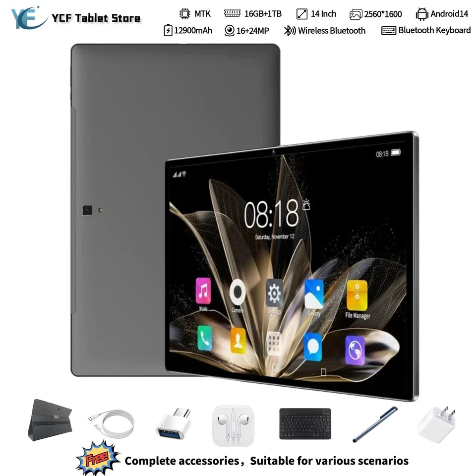 Tablets 14inch 16GB RAM 1TB ROM Dual SIM Tablet PC 5G WiFi Android14 Google Play - Image 1 of 4