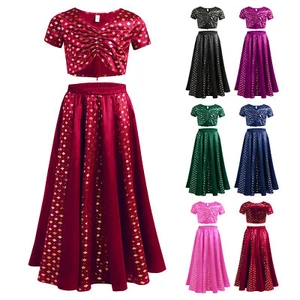 Kids Girls 2Pcs Crop Top and Skirt Ruched Satin Indian Belly Performance Outfits - Picture 1 of 44