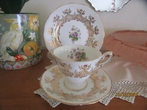 BONITO TRÍO DE CINE VINTAGE ROYAL STANDARD VIOLETAS Y HUESO FINO DORADO - Imagen 1 de 8